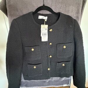 Mango Black Bouclé Cropped Jacket with Gold Buttons